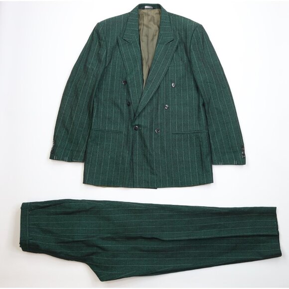 Vintage Other - Vtg 70s 80s Mens 44L 2 Piece Wool Striped Double Breasted Suit Green 34x32 USA